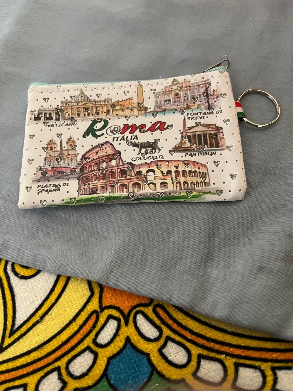 #14 - NWOT Roma Italia Souvenir Zip Coin Pouch with Keyring - White & Blue